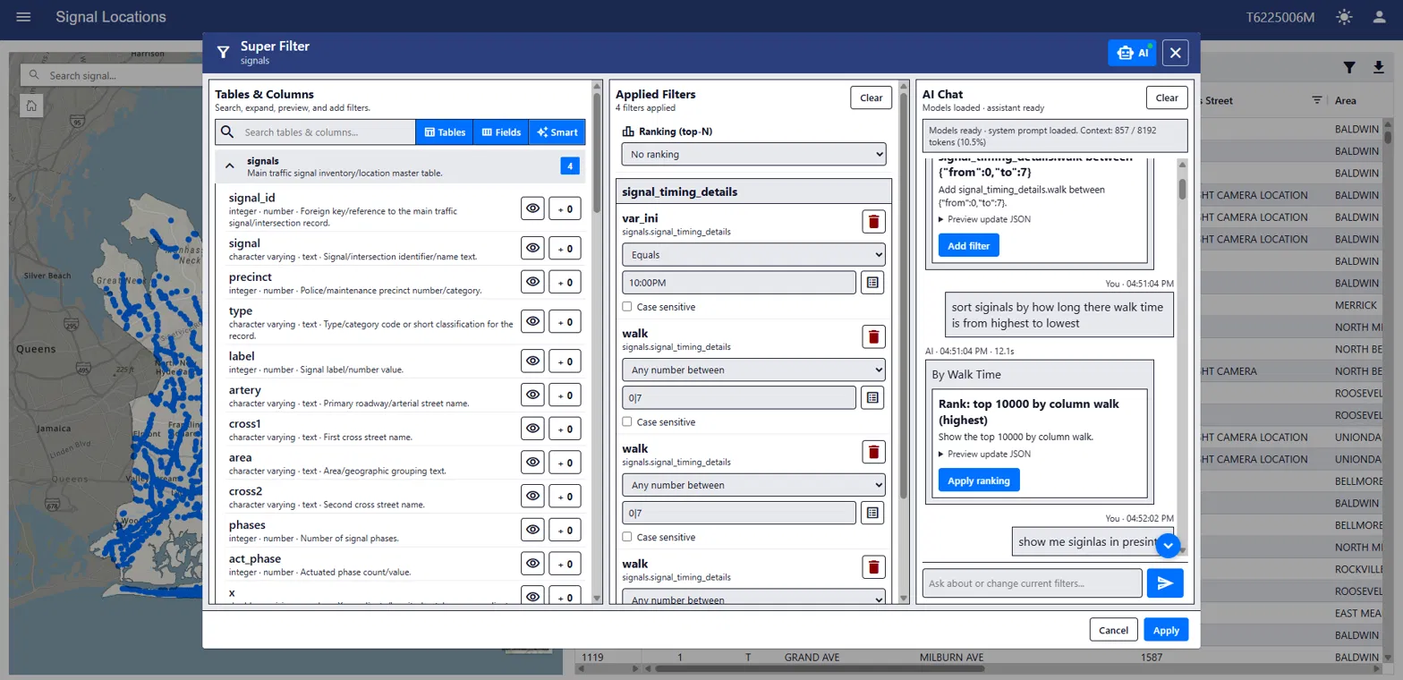 AI Database Filter interface