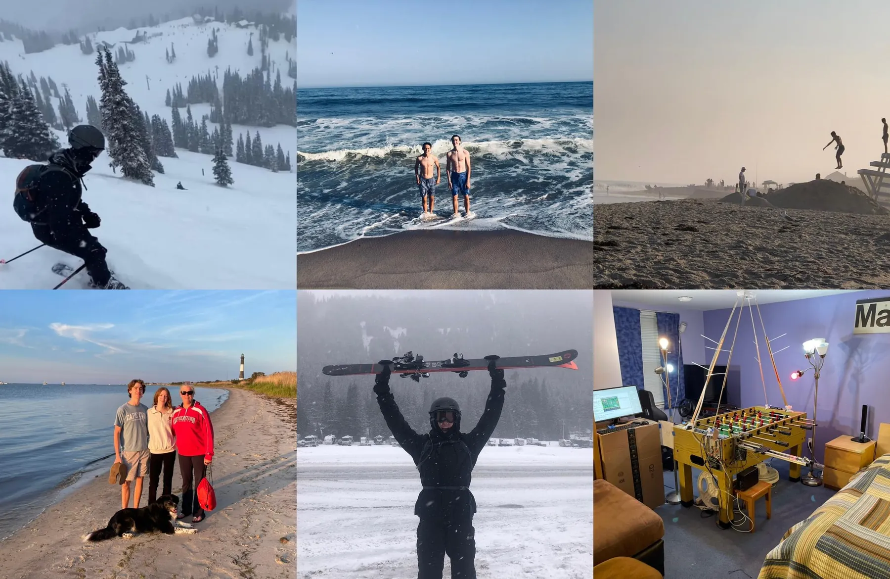 A collage of skiing, swimming, family, travel, and a robotic foosball project